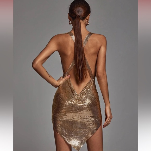 Gold Asymmetrical Slit Cocktail Dress - Picture 3 of 7